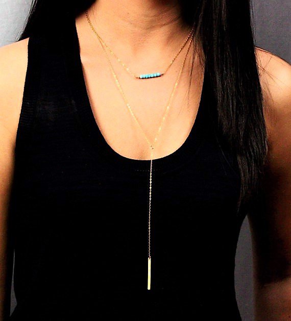 Hot Bohemian Gold Plated Turquoise Beads Stick Drop Double Layer Tassel Chain Necklace