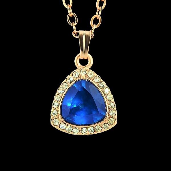 Elegant Clear Rhinestone Blue Gemstone Sapphire Gold Plated Teardrop Chain Pendant Necklace