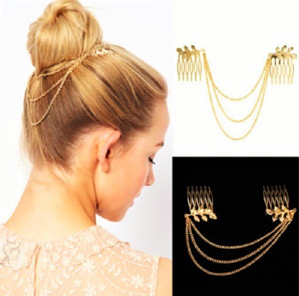 Greek Goddess Boho Fashion Beauty Lady Gold Leaf Hair Comb Clip Cuff Tassel Chain Head Headpiece