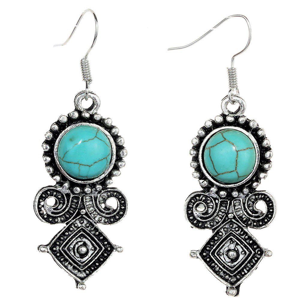 Bohemian Ethnic Tribal Tibetan Silver Turquoise Gemstone Moustache Pendant Hook Earrings
