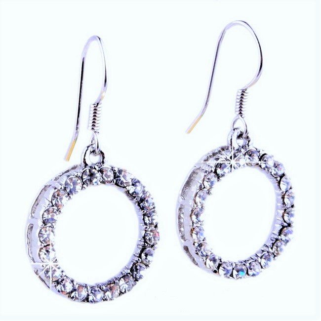 Stunning Elegant Silver Plated Open Circle Clear Crystal Rhinestone Drop Earrings
