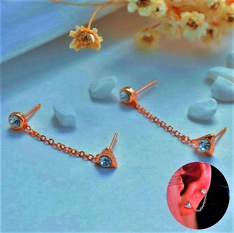 Punk Gold Plated Crystal Rhinestone Double Hole Triangle Chain Earrings
