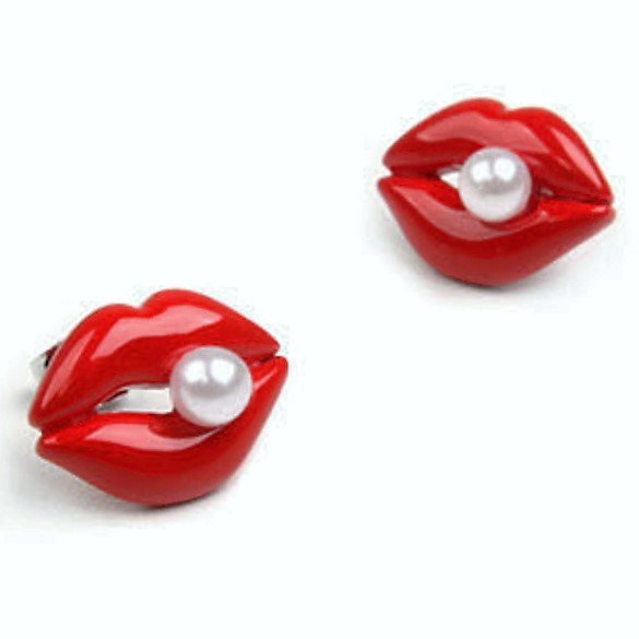 Sexy Lady Red Lips White Pearl Bead Ear Stud Earrings