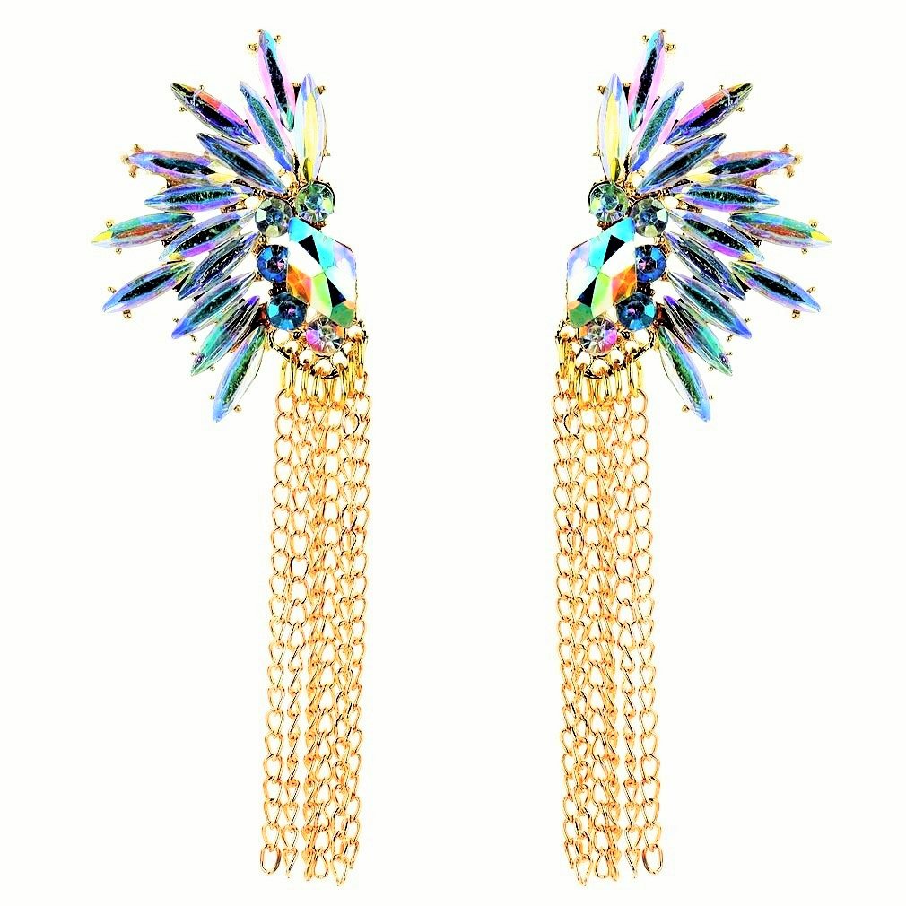 Punk Retro Colorful Purple Blue Crystal Golden Chain Tassel Dangle sparkling Ice Flower Earrings