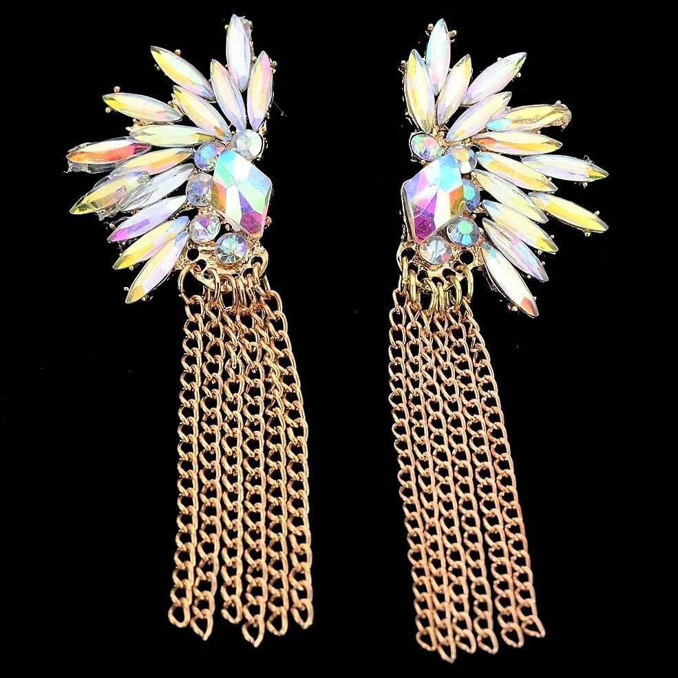 Punk Retro Colorful White Blue Crystal Golden Chain Tassel Dangle sparkling Ice Flower Earrings