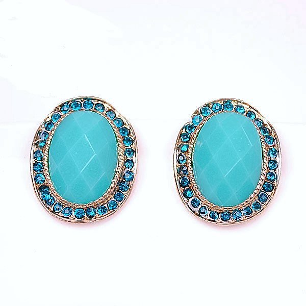Navy Blue Rimmed Rhinestone Crystal Turquoise Gems Oval Stud Earrings