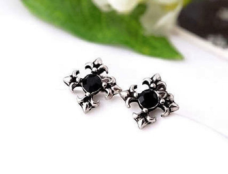 Vintage Antique Silver Retro Crystal Flowers Cross Stud Earrings