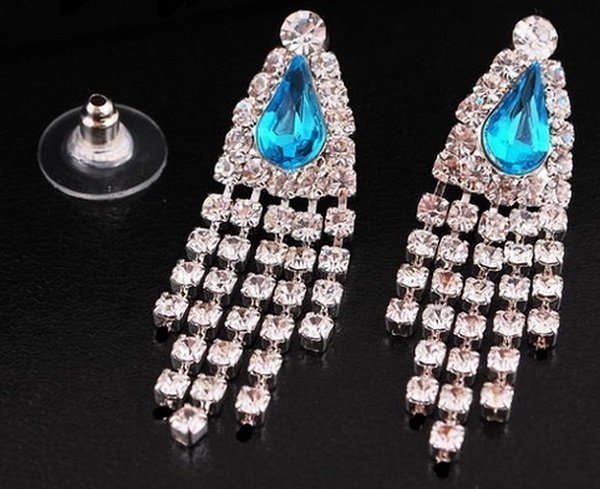 Beautiful Silver Crystal Rhinestone Turquoise Gemstone Teardrop Tassel Earrings
