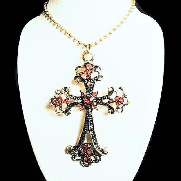 Vintage Rhinestone Cross Retro Bronze Long Pendant sweater Chain Crucifix Necklace