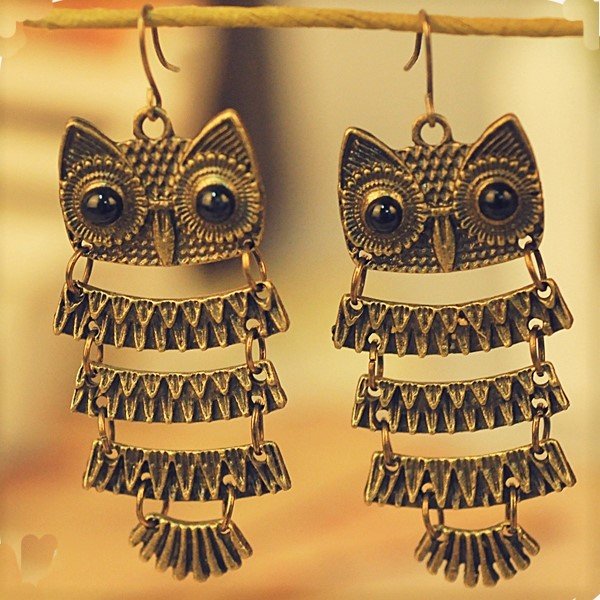 Beautiful Exotic Retro Vintage Antique Bronze Owl Pendant Dangle Earrings