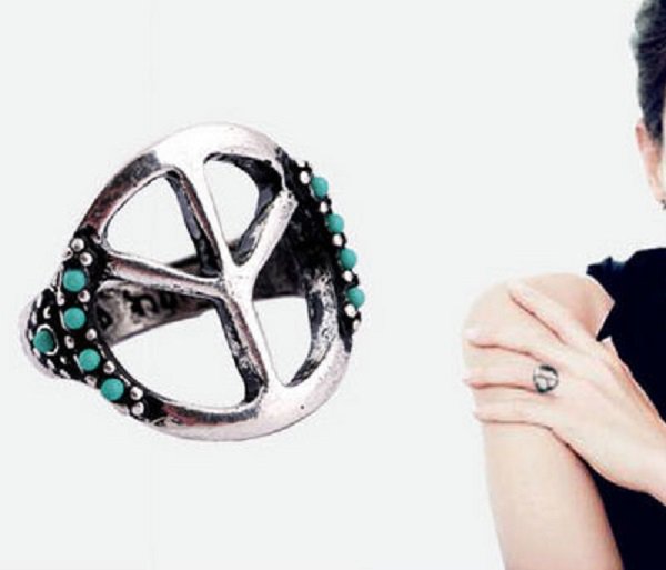 Stylish Fashion Retro Vintage Antique Silver Peace Sign Band Ring