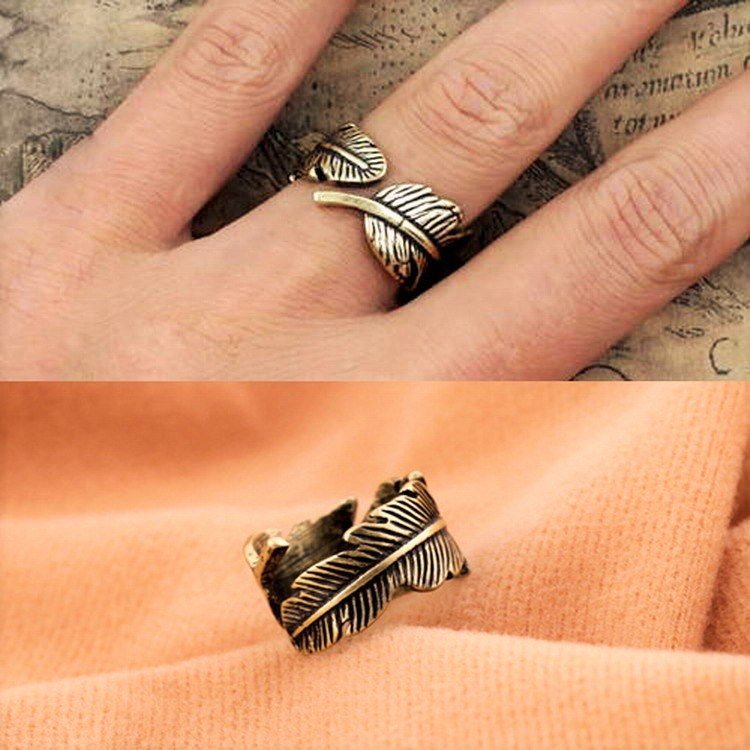 Fashion Punk Antique Bronze Vintage Retro Chic Feather Leaf Style Ring