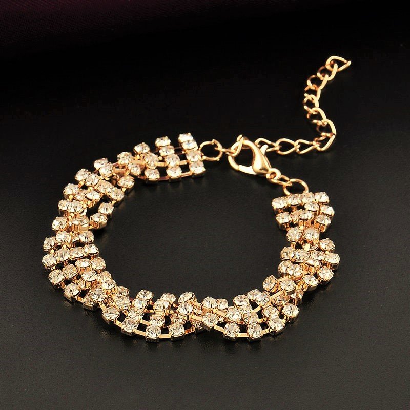 Luxury Delicate Classical Full Shining Silver Rhinestone Crystal Twisted Gold Plated Chain Bracelet