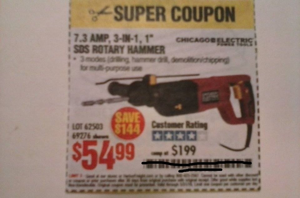 Harbor Freight Coupon For a 7.3 Amp 3-in-1, 1" SDS Rotary Hammer. SAVE $144