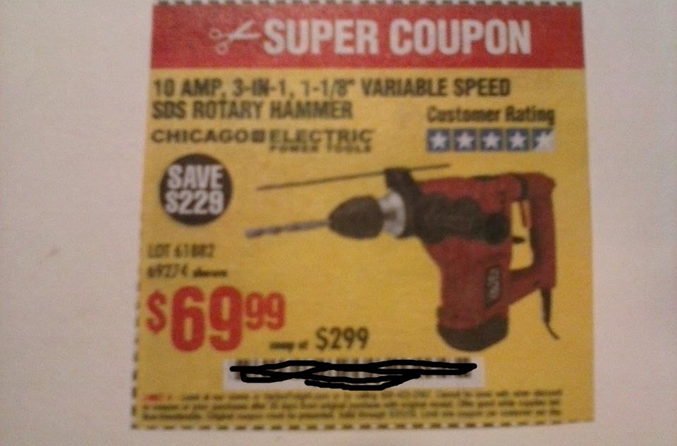 Harbor Freight Coupon For 10 Amp, 3-in-1, 1-1/8" Variable Speed SDS Rotary Hammer. SAVE $229