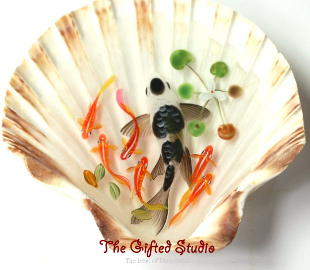 Black spots on white Koi in the shell 3D resin painting