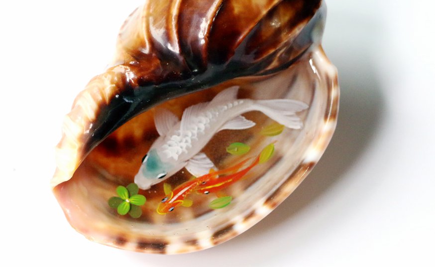 White Koi in the trumpet shell resin painting