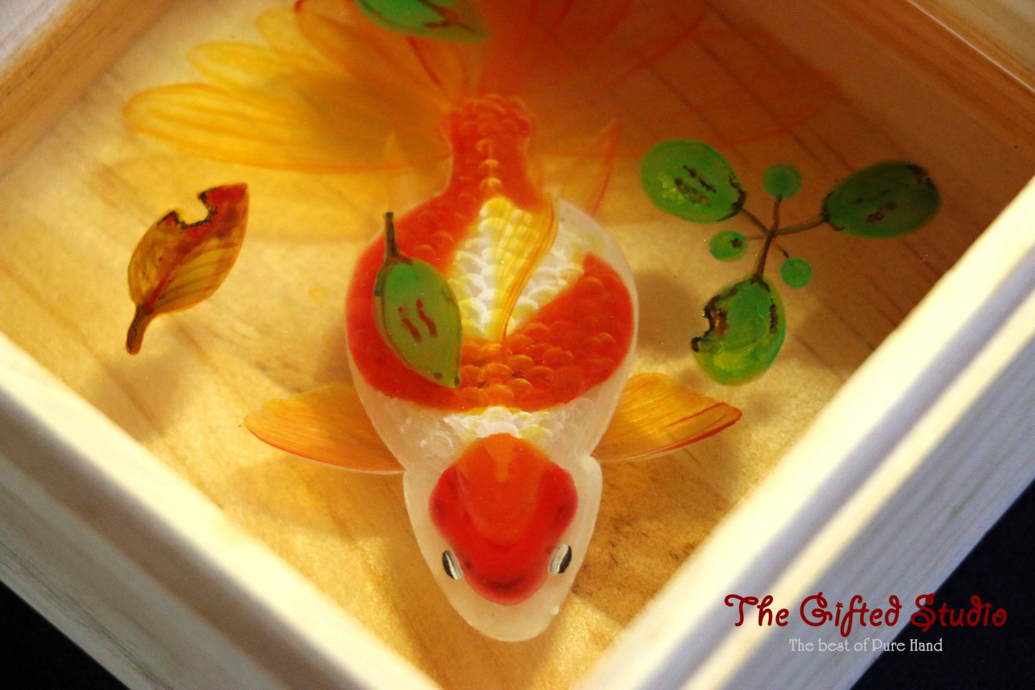 Red Spots Koi with leaves resin painting