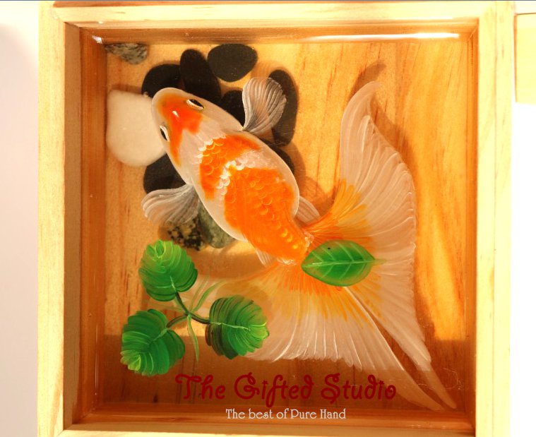 Orange and white Koi with clover resin painting