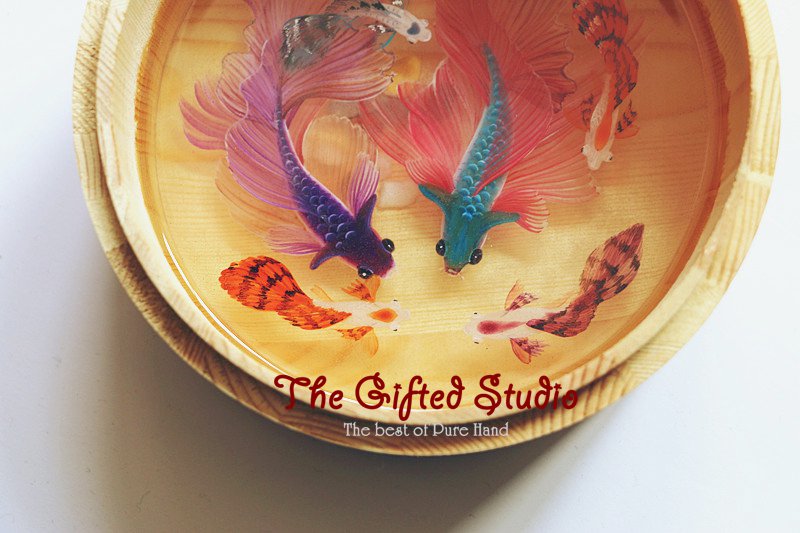 Two Siamese with guppies resin painting