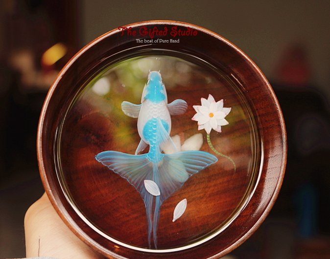 Blue Koi resin painting in the wooden bowl