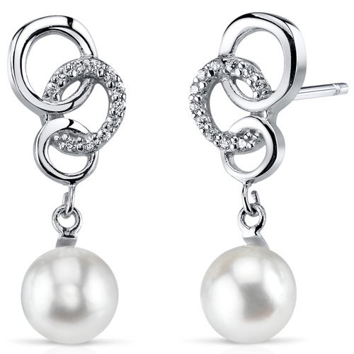 Sterling Silver 6.5mm Freshwater White Pearl Dangle Earrings