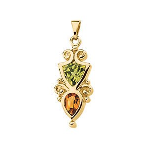 14K Yellow Gold Peridot & Citrine Scrolled Pendant