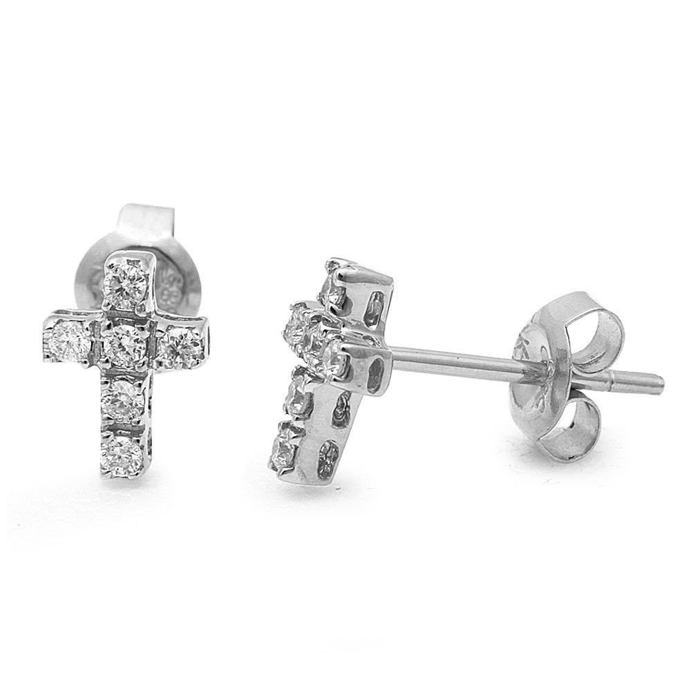 14K White Gold .15 Ct Round Diamond Cross Stud Earrings