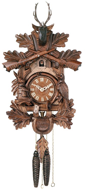 One Day Hunter's Cuckoo Clock - Hand-carved Oak Leaves, Animals, Crossed Rifles, & Buck - # 19-16
