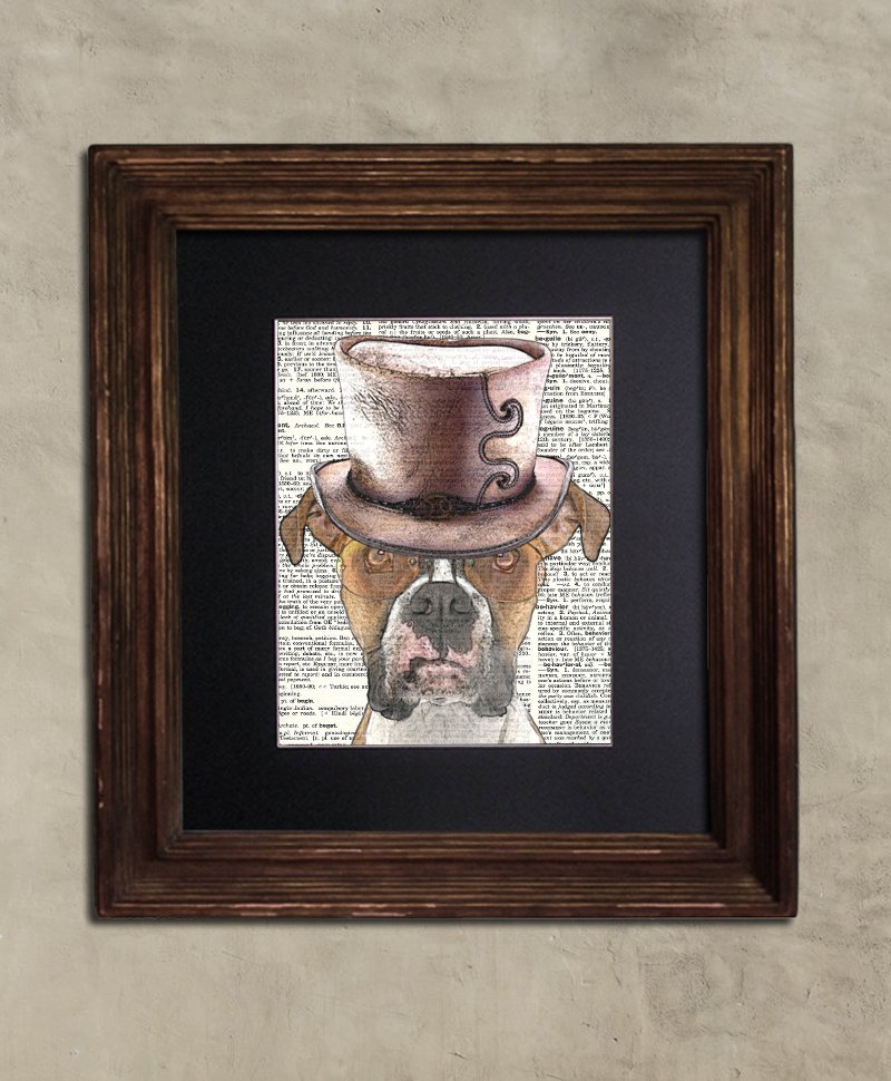 Dictionary Print: Stalwart Boxer in Top Hat, Steampunk Dog Art Print