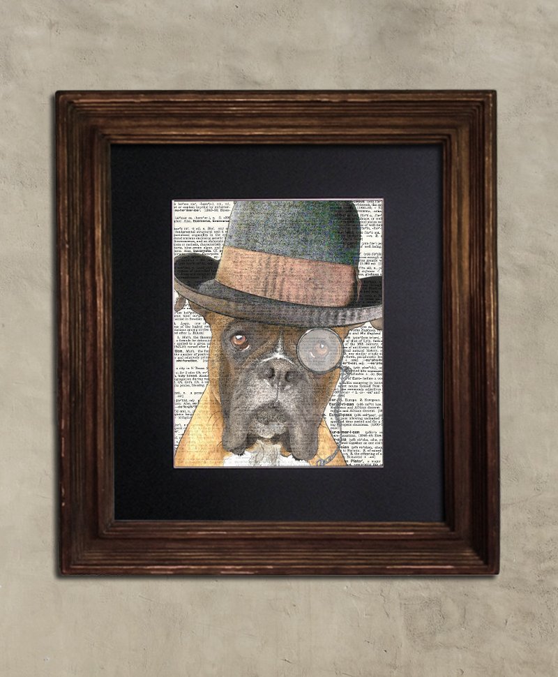 Dictionary Print: Doughty Boxer in Bowler, Steampunk Dog Print, Art Print