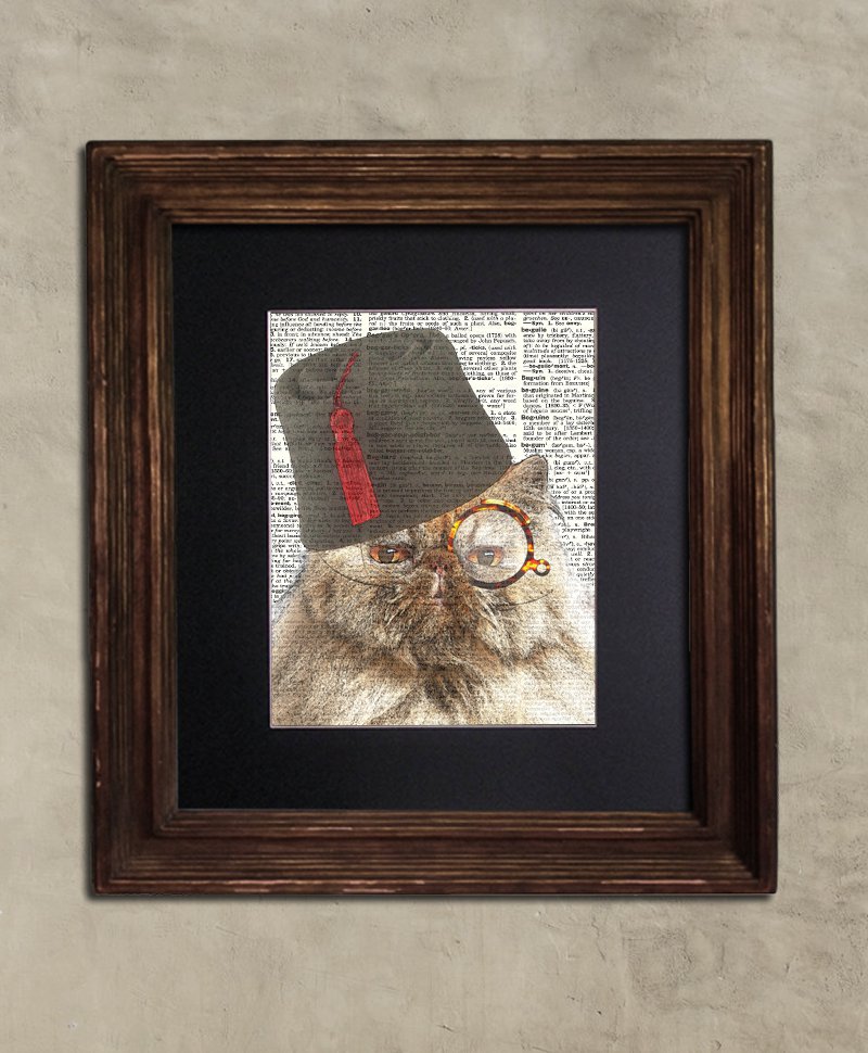 Dictionary Print: Inscrutable Persian Cat in Fez, Steampunk Cat Art Print