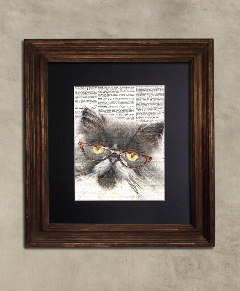 Dictionary Print: Frolicsome Persian Cat in Vintage Eyewear, Steampunk Cat Art Print
