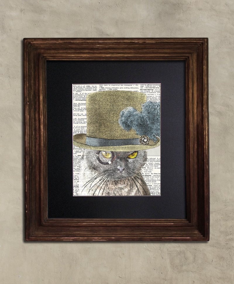 Dictionary Print - Cat Art: Trenchant British Shorthair Cat in Top Hat, Steampunk Cat Art Print