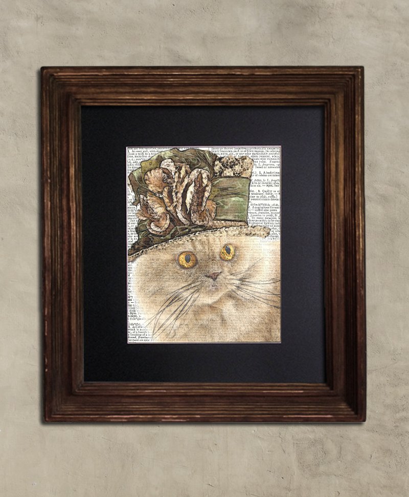 Dictionary Print: Splendiforous Persian Cat in Frilly Hat, Steampunk Cat Artwork