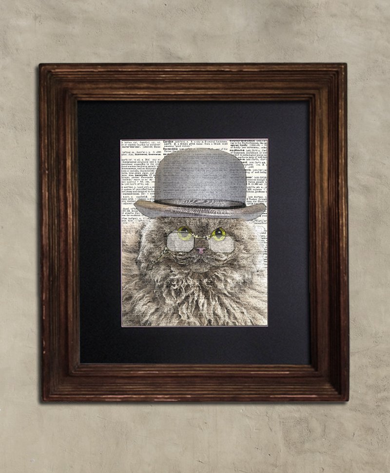 Dictionary Print: Nonpareil Grey Selkirk Rex Cat in Bowler, Steampunk Cat Art Print