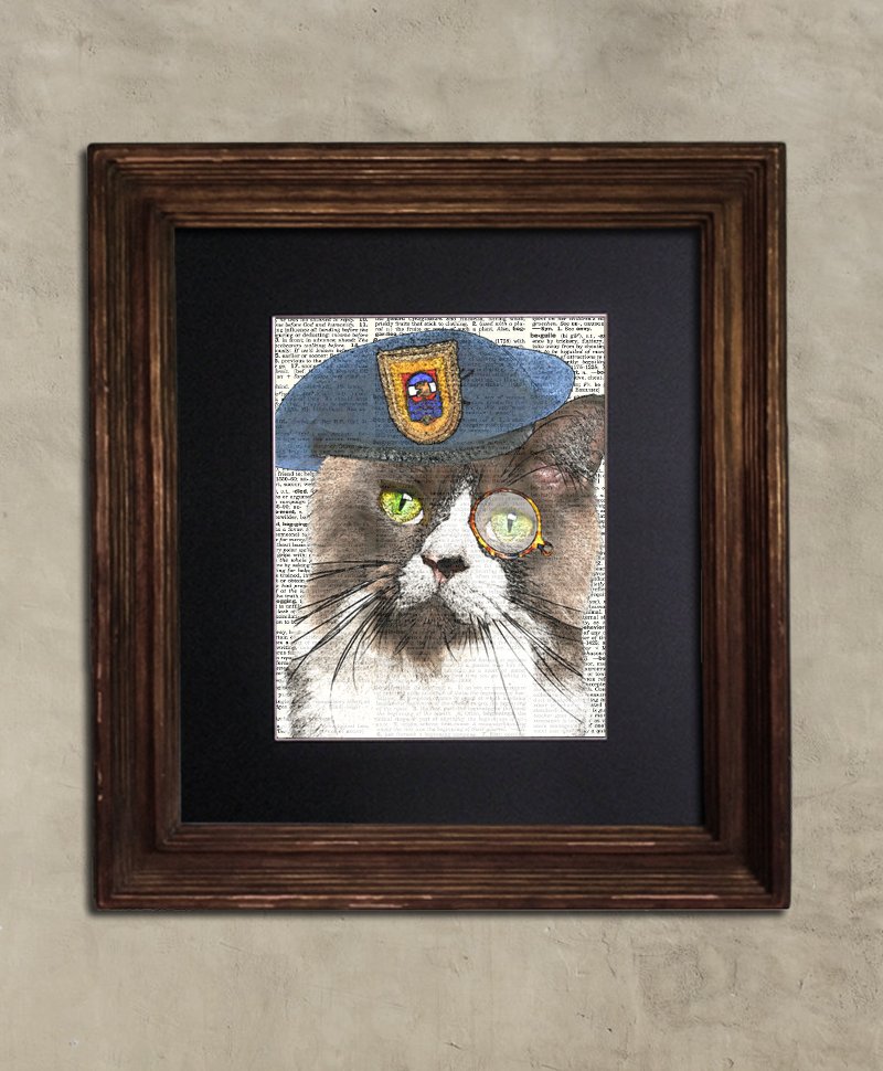 Dictionary Print: Zealous Cat in Beret, Steampunk Cat Art Print