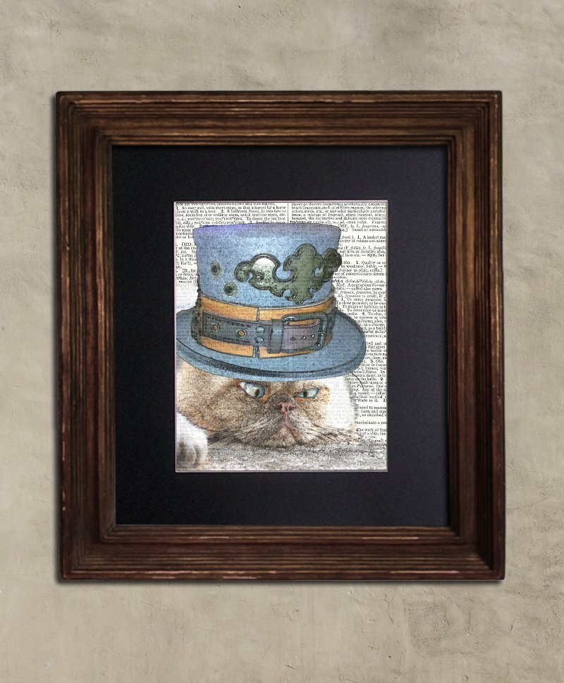 Dictionary Print: Befuddled Persian Cat, Steampunk Cat Artwork