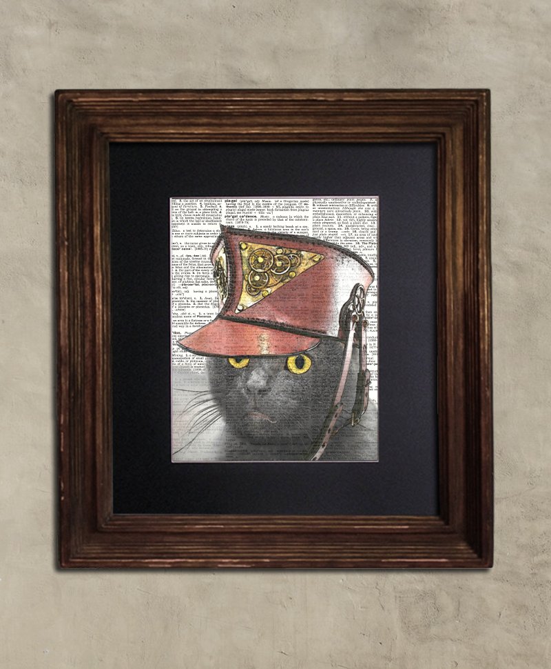 Dictionary Print: Querulous Grey Steampunk Cat, Steampunk Cat Art Print
