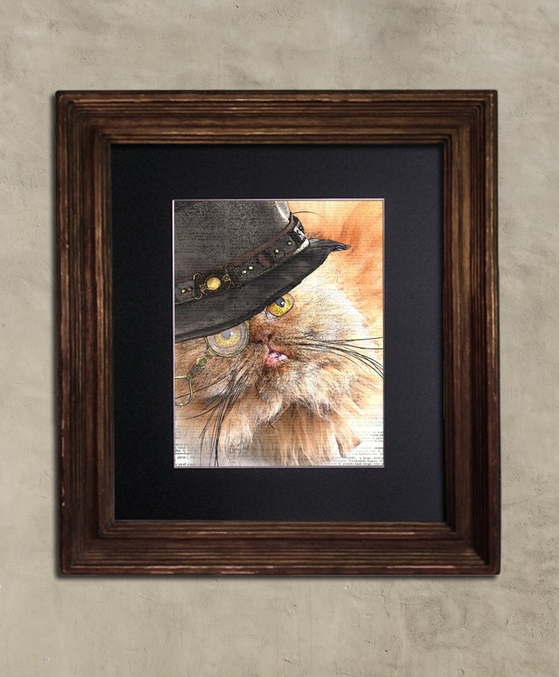 Dictionary Print, Steampunk Cat Print: Ruminative Persian Cat in Top Hat, Steampunk Cat Artwork
