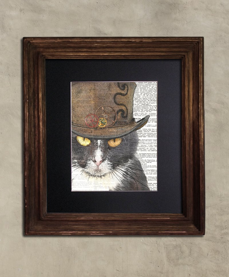 Dictionary Print, Steampunk Cat Print: Watchful Black & White Cat in Top Hat, Steampunk Cat Artwork