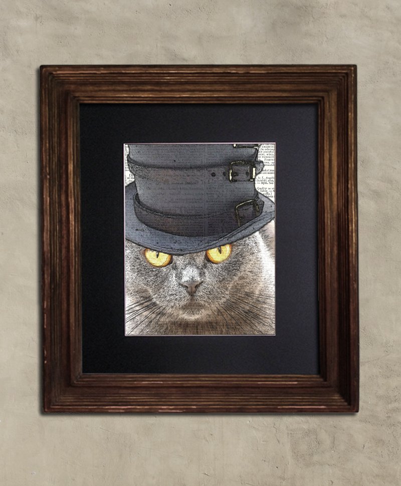 Dictionary Print: Reticent Steampunk Scottish Fold Cat in Top Hat, Steampunk Cat