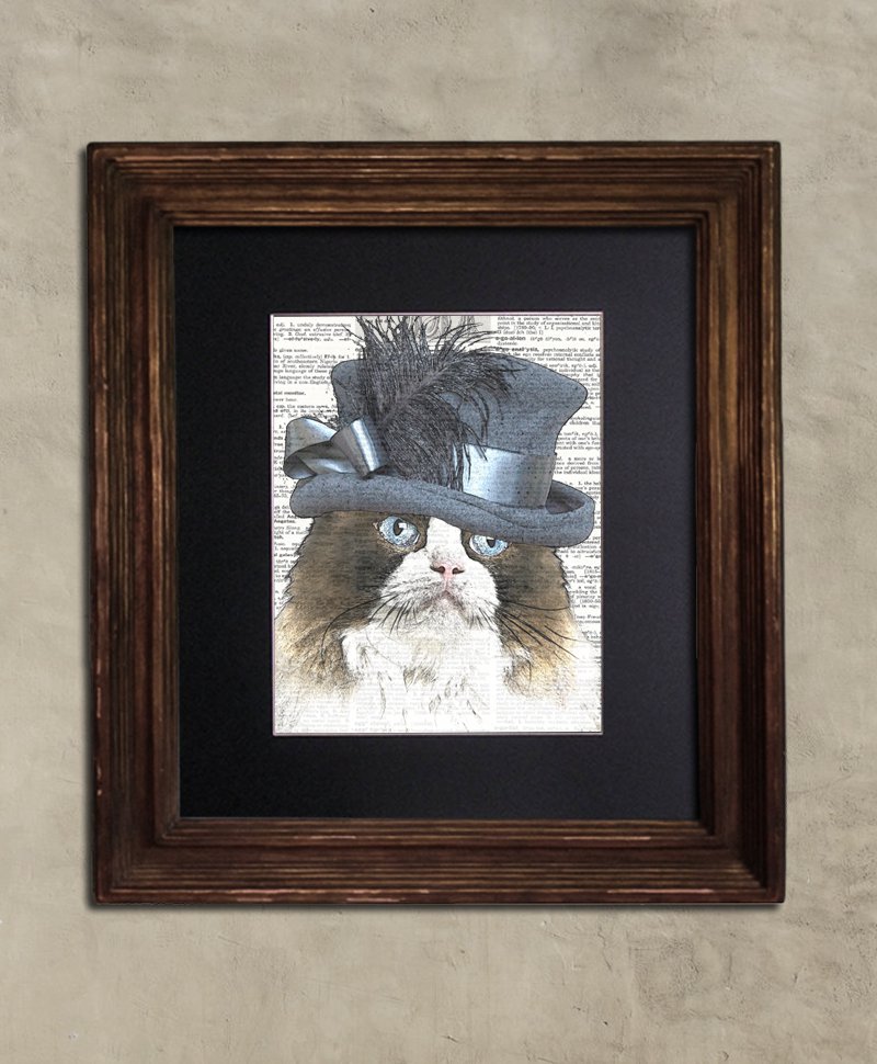 Dictionary Print, Steampunk Cat Print: Fanciful Ragdoll Cat in Frilly Top Hat, Steampunk Cat Artwork