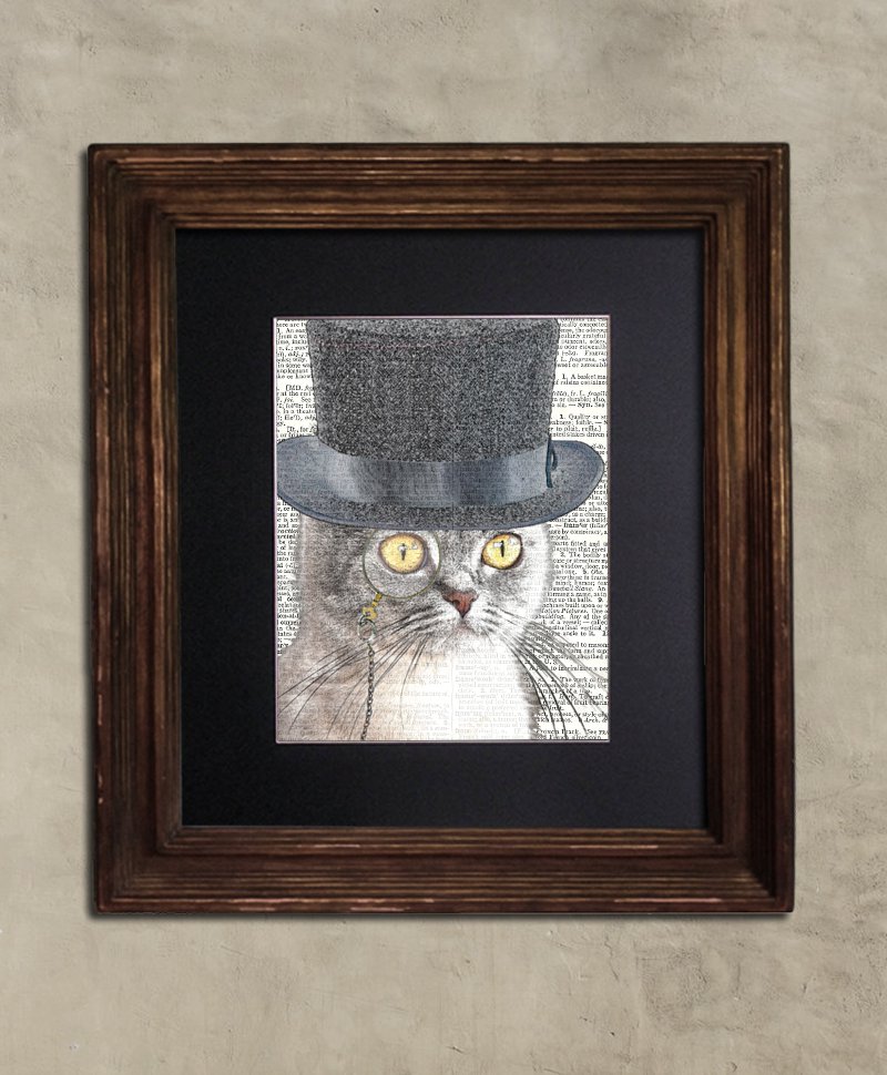 Dictionary Print: Au Courant British Shorthair Cat in Top Hat, Steampunk Cat