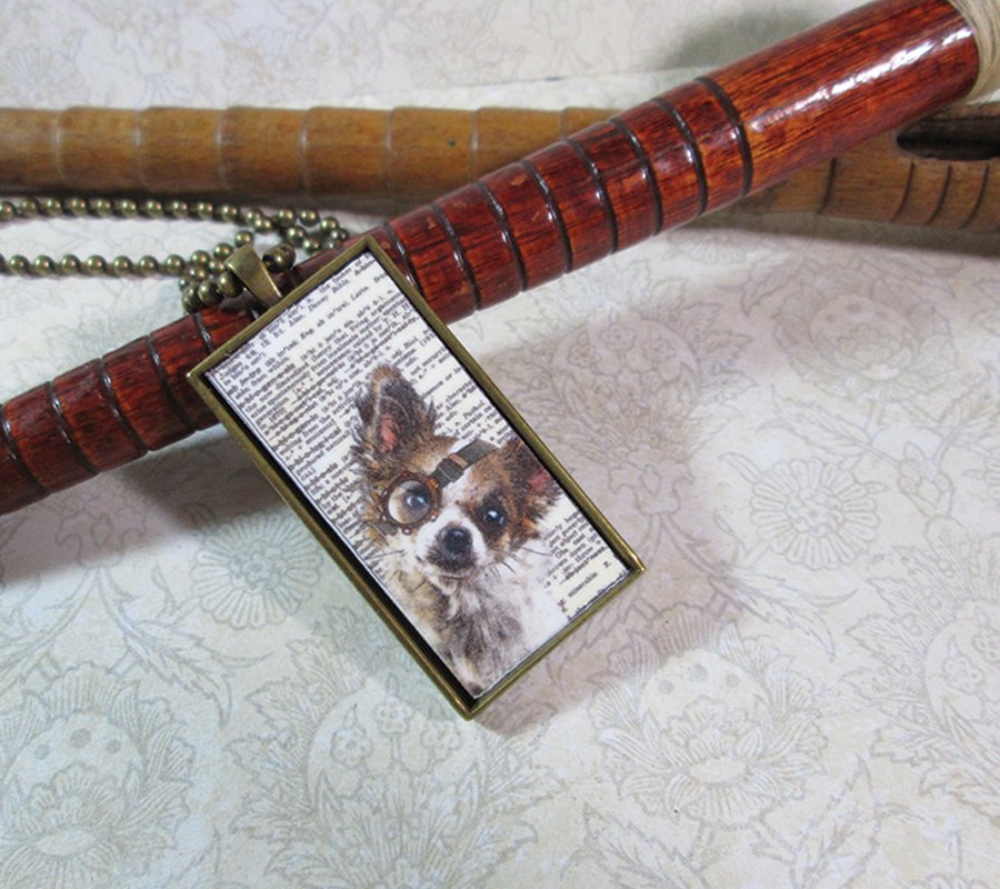 Steampunk Necklace: Brass Rectangle, Steampunk Dog Pendant - Courteous Chihuahua