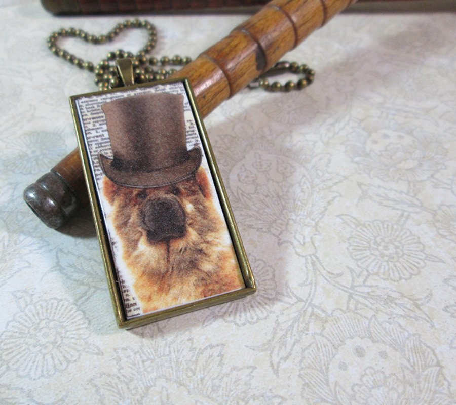 Steampunk Necklace: Brass Rectangle, Steampunk Dog Pendant - Devoted Chow