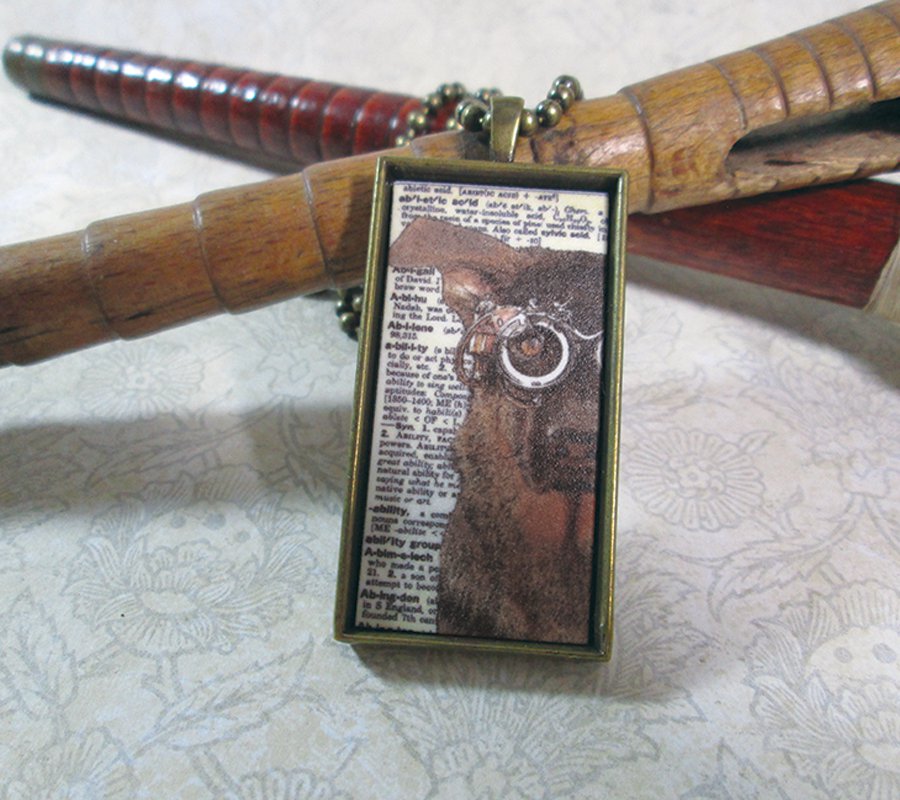 Steampunk Necklace: Brass Rectangle, Steampunk Dog Pendant - Indomitable German Shepherd