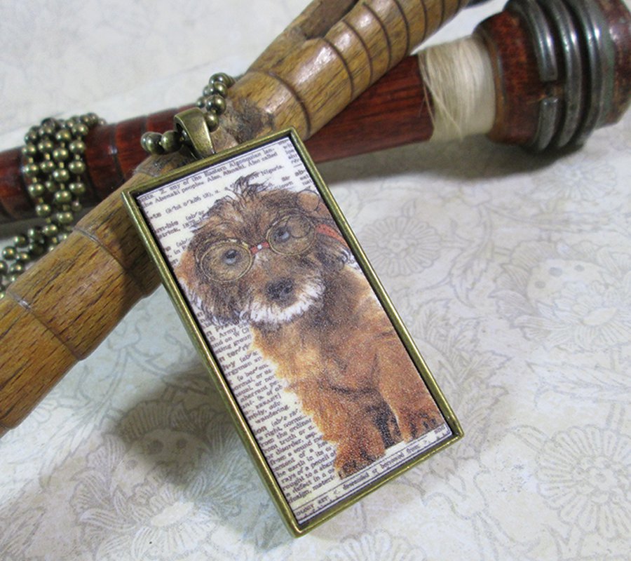 Steampunk Necklace: Brass Rectangle, Steampunk Dog Pendant - Puzzled Mutt