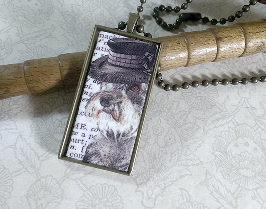 Steampunk Necklace: Brass Rectangle, Steampunk Dog Pendant - Gracious Schnauzer