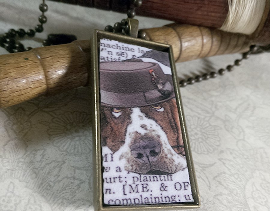 Steampunk Necklace: Brass Rectangle, Steampunk Dog Pendant - Temperate Bassett Hound